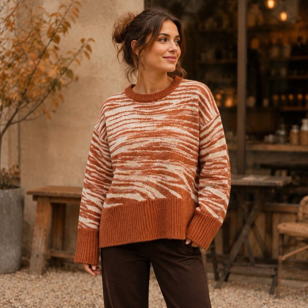 Rivers Women’s XL Rust Cream Zebra Print Oversized Knit Sweater Pullover